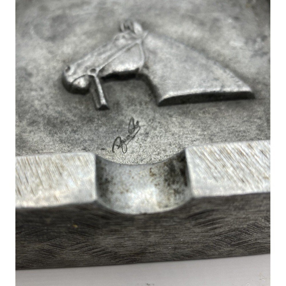 Vintage Signed Equestrian Horse Head Cast Metal Square Ashtray Silver Tone Decor - Picture 2 of 6